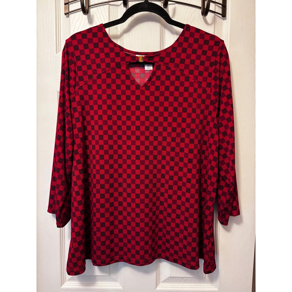 Liz Claiborne Womens Plus 0X Red Black Checkered Keyhole 3/4 Sleeve Top